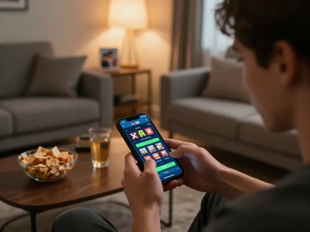 Play online casino games using the xx88 casino app on a smartphone in a cozy living room.