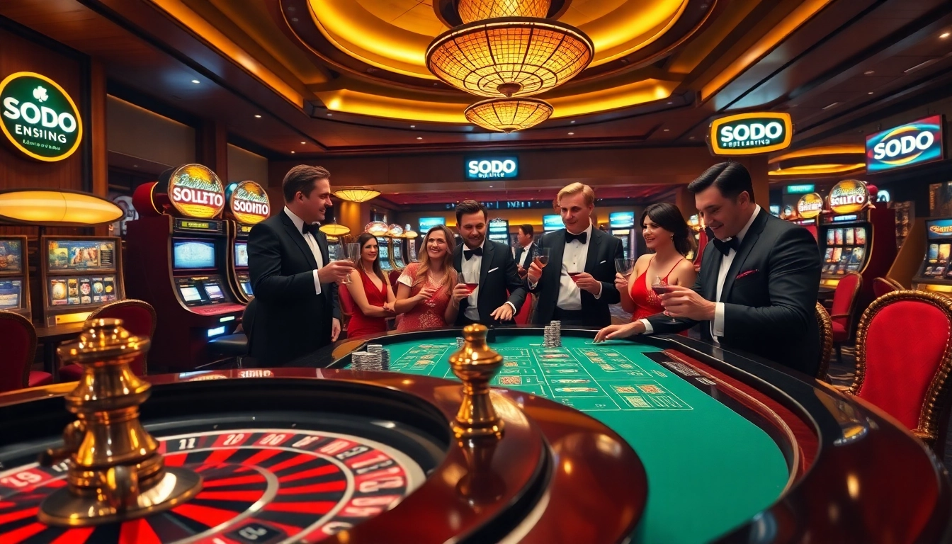 SODO Casino vibrant scene showcasing roulette, poker chips, and players immersed in gaming excitement.