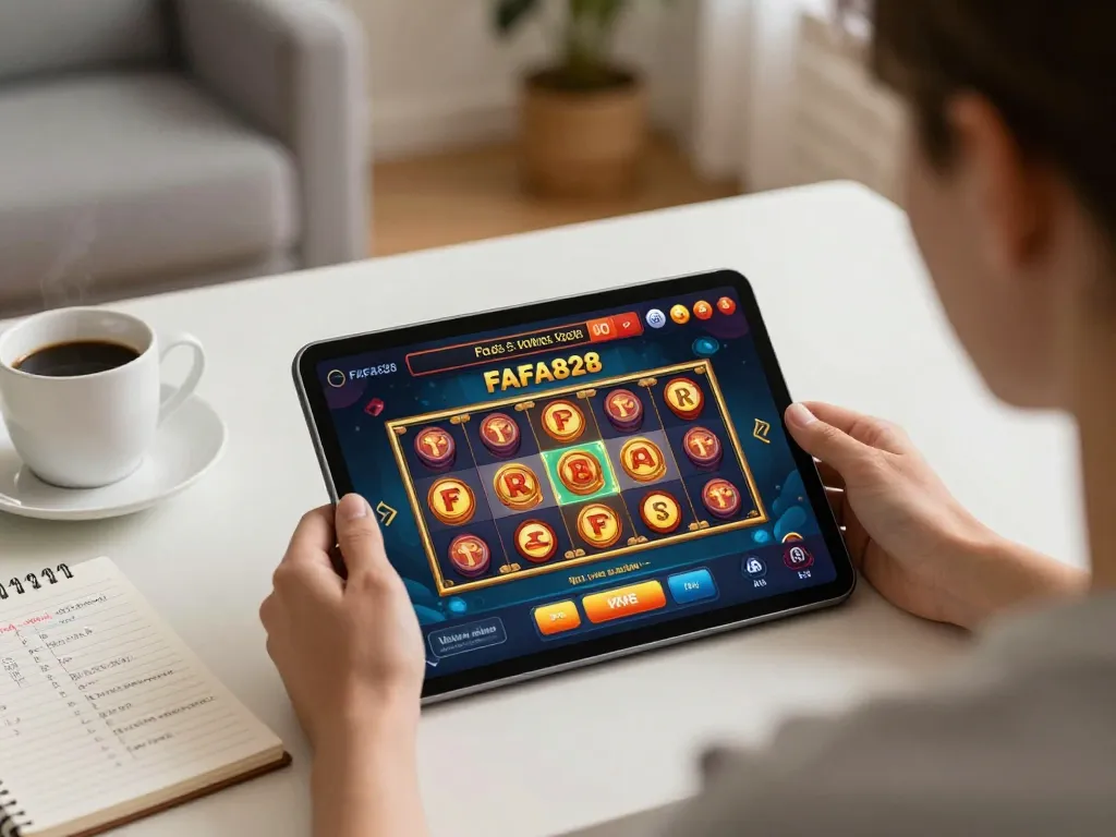 ผู้ใช้ FAFA828 กำลังสนุกกับเกมสล็อตออนไลน์บนแท็บเล็ต แสดงให้เห็นถึงอินเตอร์เฟซเกมที่สดใสและโน้ตเชิงกลยุทธ์