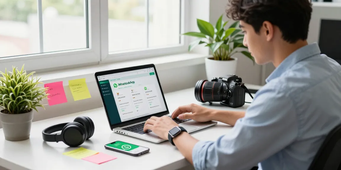 WhatsApp下載 in a tech workspace with a professional using laptop and smartphone to download the app.