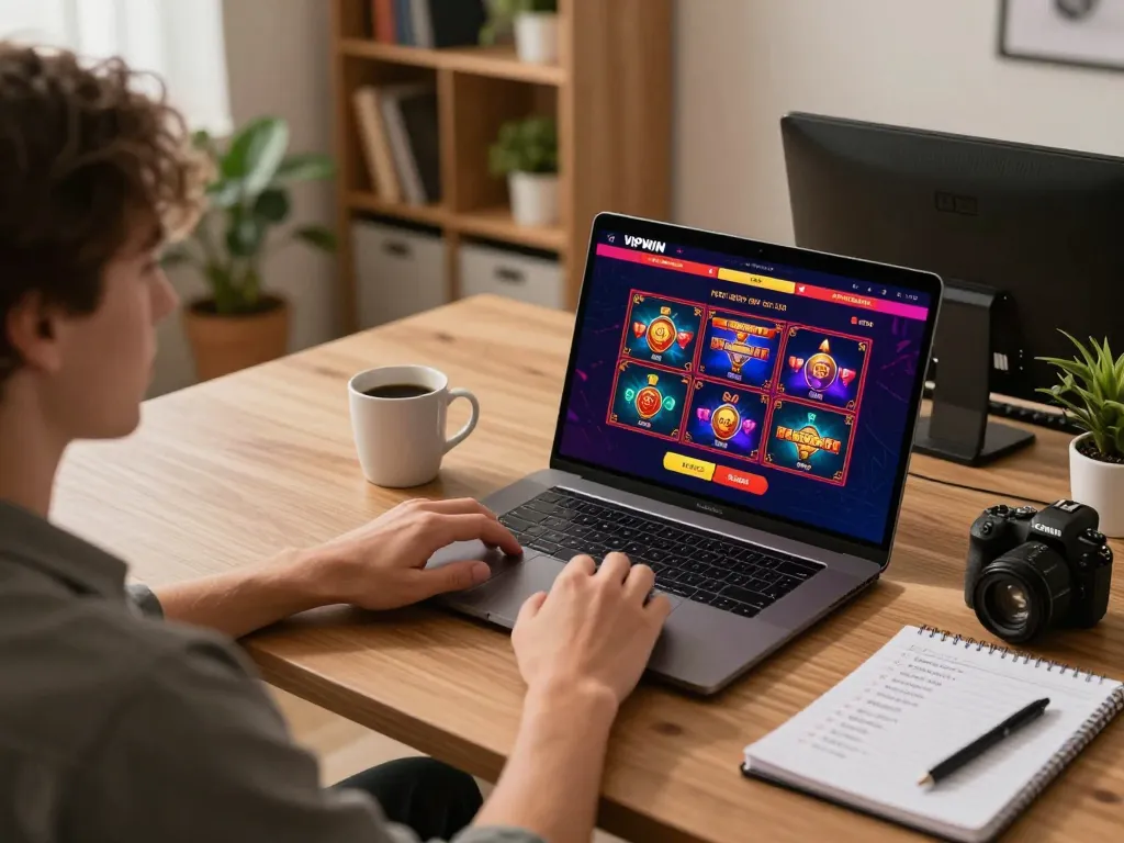 Engaging in online casino gameplay on VIPWIN with a lively gaming setup, showcasing excitement and strategy.