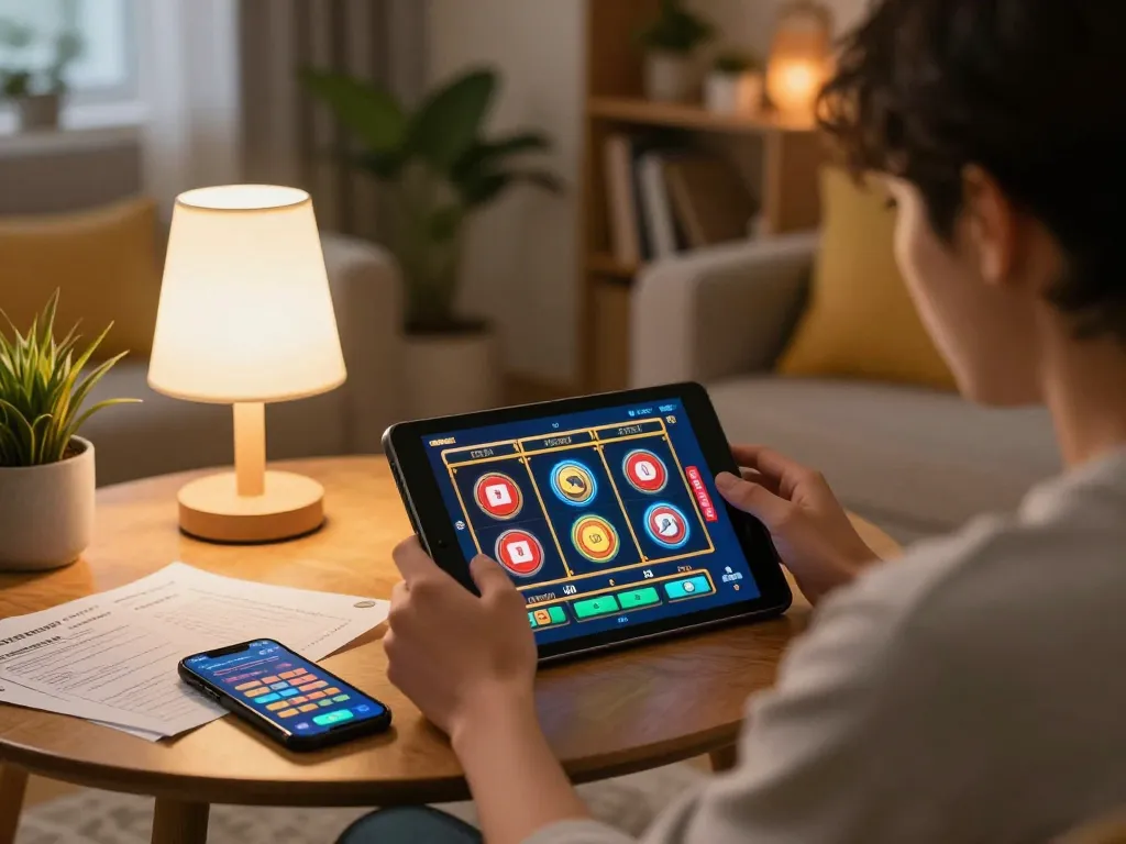 Engaging in demo slot gameplay on a tablet in a warm home setting while utilizing strategic notes.