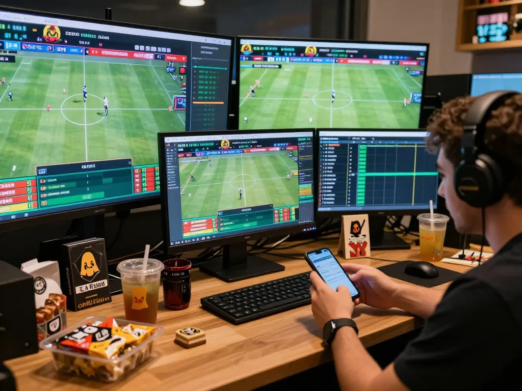 Engaging online sports betting moment on okfun platform with multiple screens showing live events.
