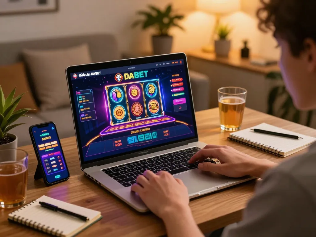 The player explores Nhà cái DABET online casino with vibrant slot machines and strategic gameplay setup.