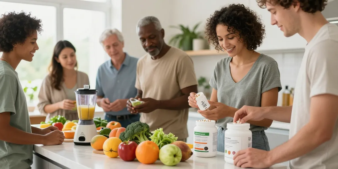 Group preparing healthy meals with science-backed supplements in a bright kitchen.