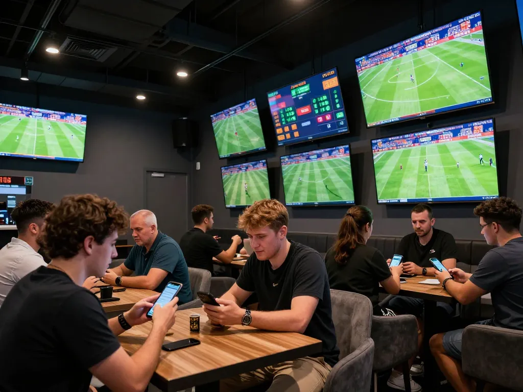 Kèo nhà cái live betting scene with excited bettors analyzing odds on mobile devices.