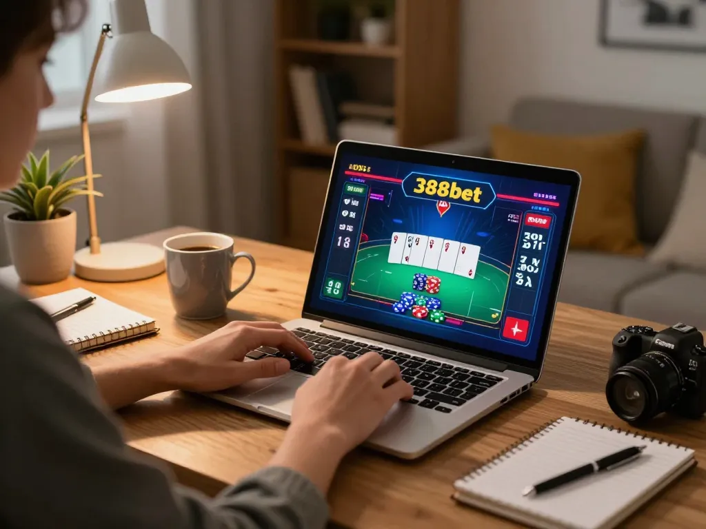 Engaging gameplay on 388bet platform with a vibrant poker setup in a cozy home.