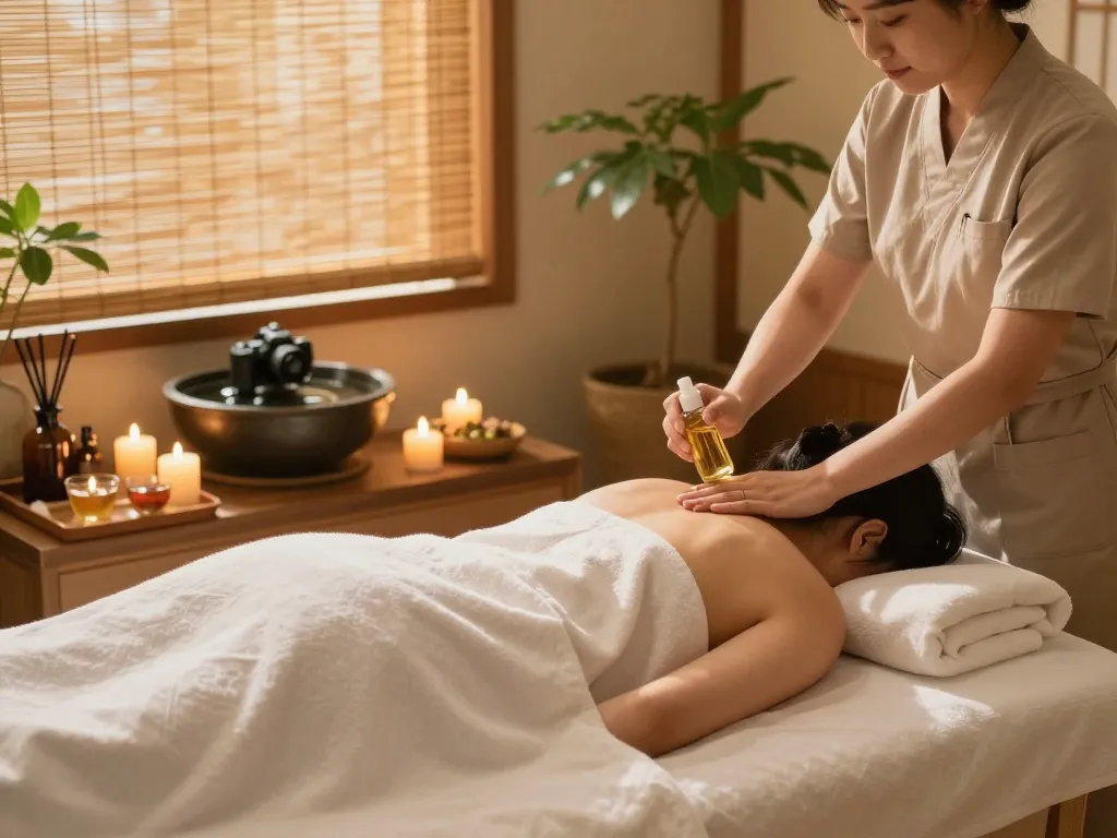 Indulge in 인계동마사지 at a calming wellness spa, featuring a serene therapist applying soothing oils in a peaceful atmosphere.