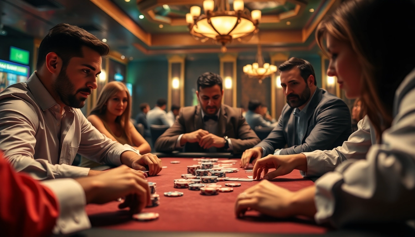 bbni4d di meja poker di kasino dengan suasana mewah dan pemain yang terlibat.