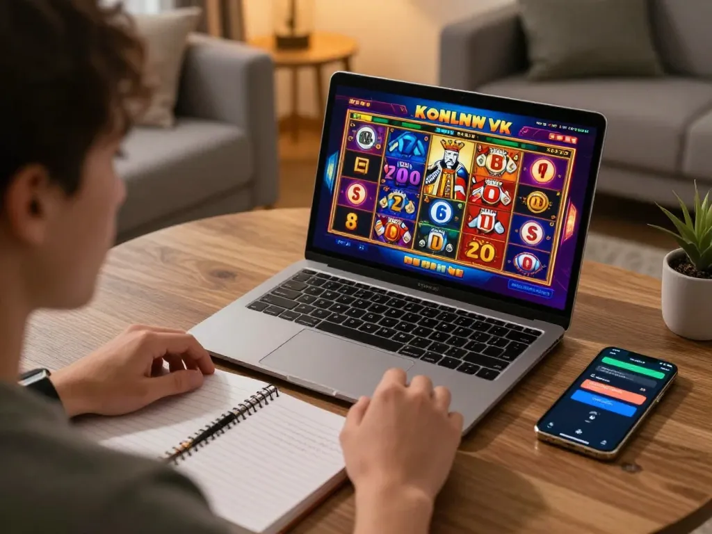 Player strategizing in a king slot game on a laptop in a cozy home setting