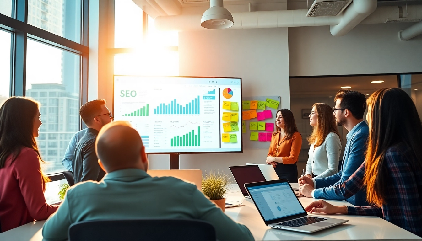SEO Agency Clearwater team analyzing strategies in a vibrant, modern office.