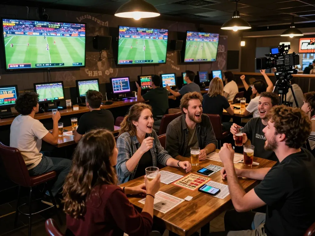 Friends enjoying sports and betting at fb88, displaying excitement and sports betting slips on the table.