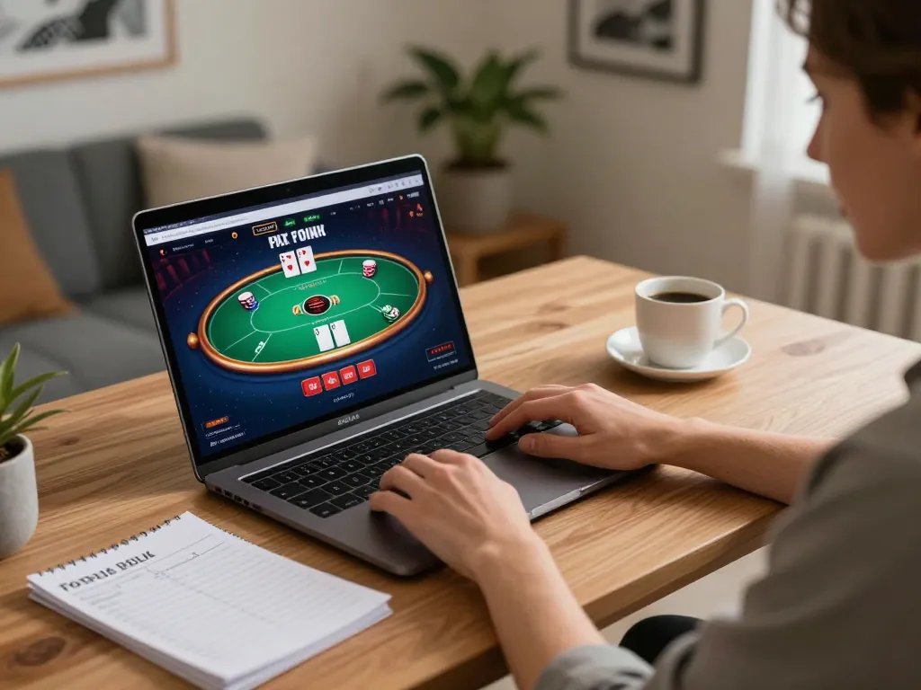 Engaged player focused on Poker gameplay, navigating Trang chủ for online betting strategies.