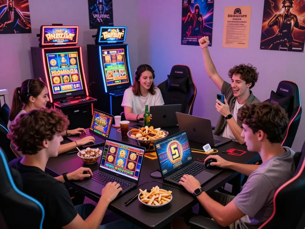 Friends enjoying ligasedayu online slot games on laptops and phones in a vibrant gaming setup.