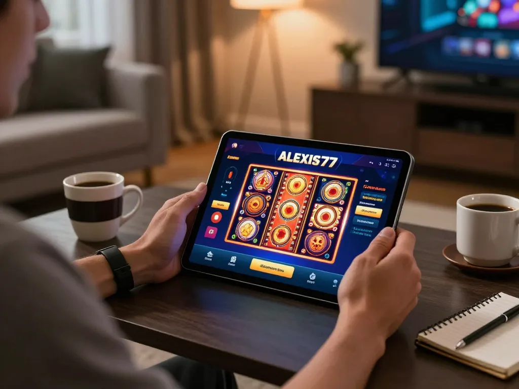A person using the alexis77 app for online slots at home with a warm and inviting atmosphere.