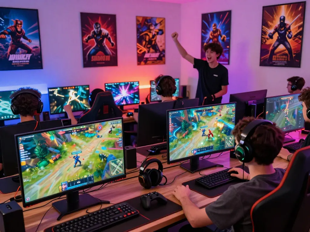 Players enjoying a thrilling gameplay experience on vegasslot77 platform, surrounded by vibrant graphics and gaming gear