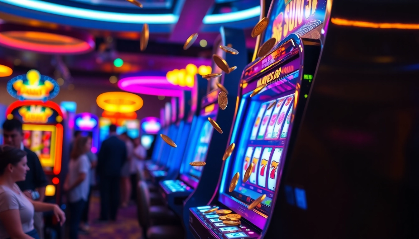 Slot77 mesin permainan yang menarik dengan lampu berwarna cerah dan nuansa kasino yang energik.