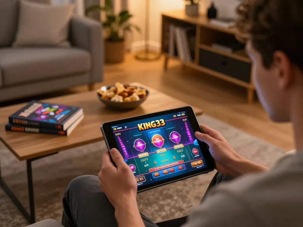 Player engaging with king33 app while enjoying a cozy home atmosphere, utilizing a tablet for online gambling