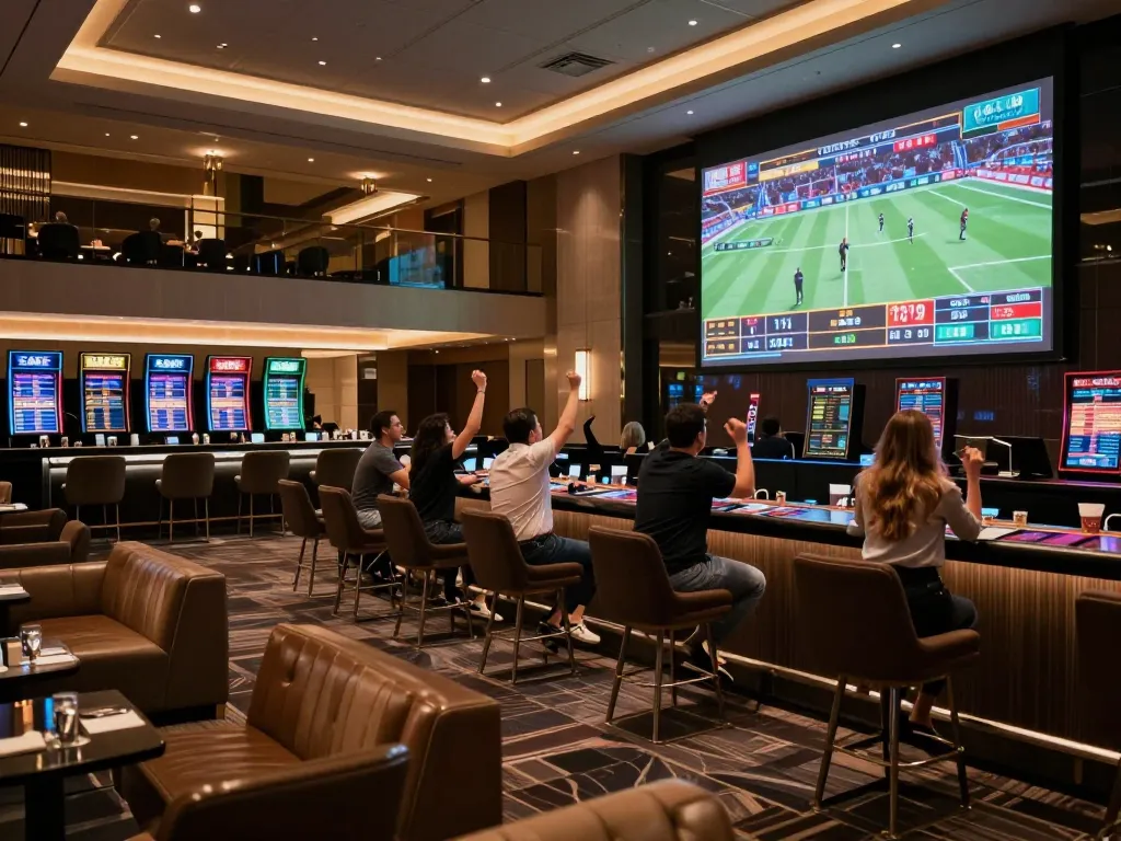 Engaged bettors place bets on live sports events at the W188 lounge, showcasing excitement and strategic sports betting atmosphere