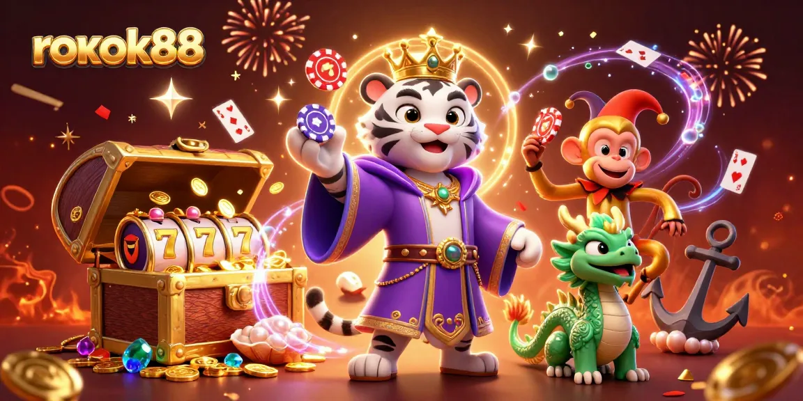 Play poker and win big with rokok88 in this vibrant casino illustration featuring a tiger and monkey.