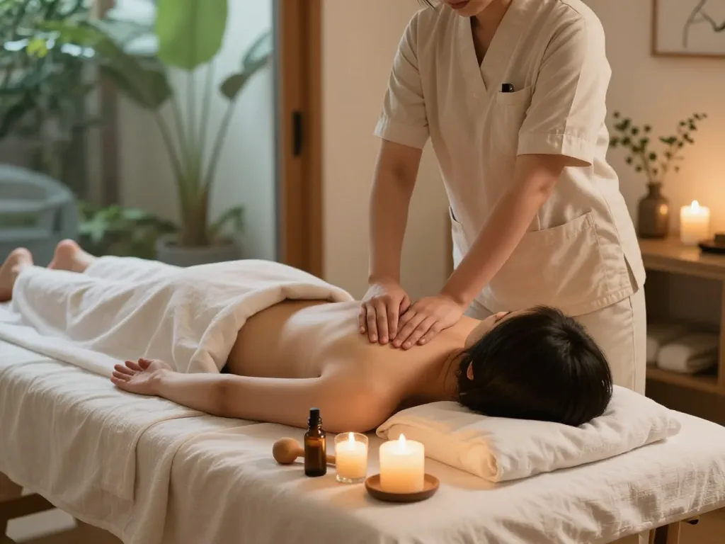 부드러운 조명이 비치는 평화로운 치료 환경에서의 편안한 논현동마사지 세션.