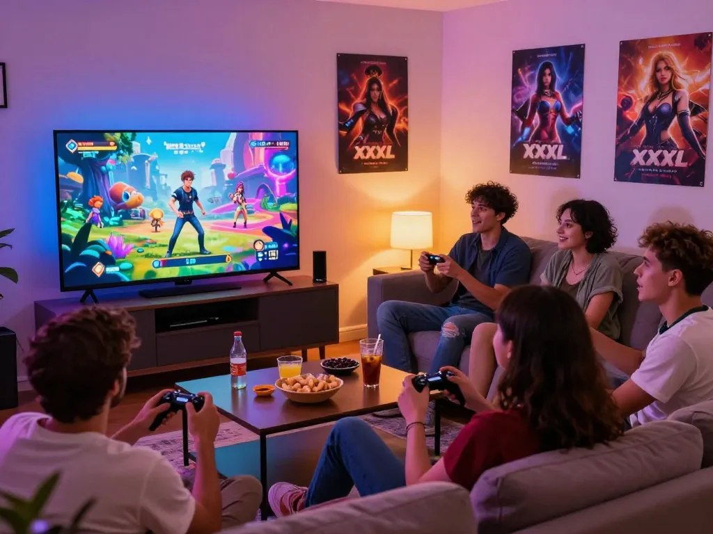 Friends enjoying an exciting xxx game night in a cozy living room with vibrant visuals on the screen.