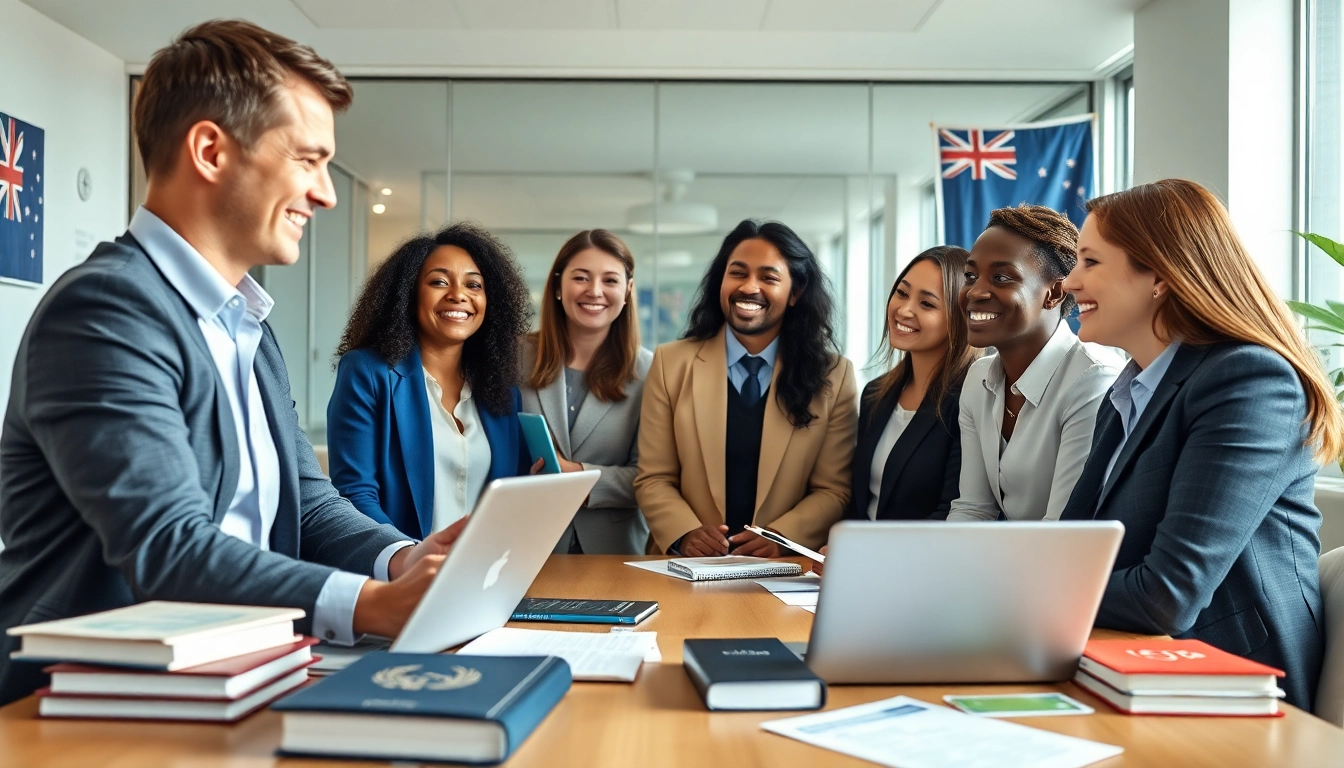 Immigration lawyer Sydney consulting with diverse clients in a professional office setting, symbolizing hope and guidance in migration.