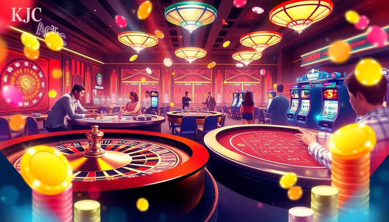 Exciting KJC AC 2 casino scene with roulette wheels and slot machines, capturing the thrill of gaming.