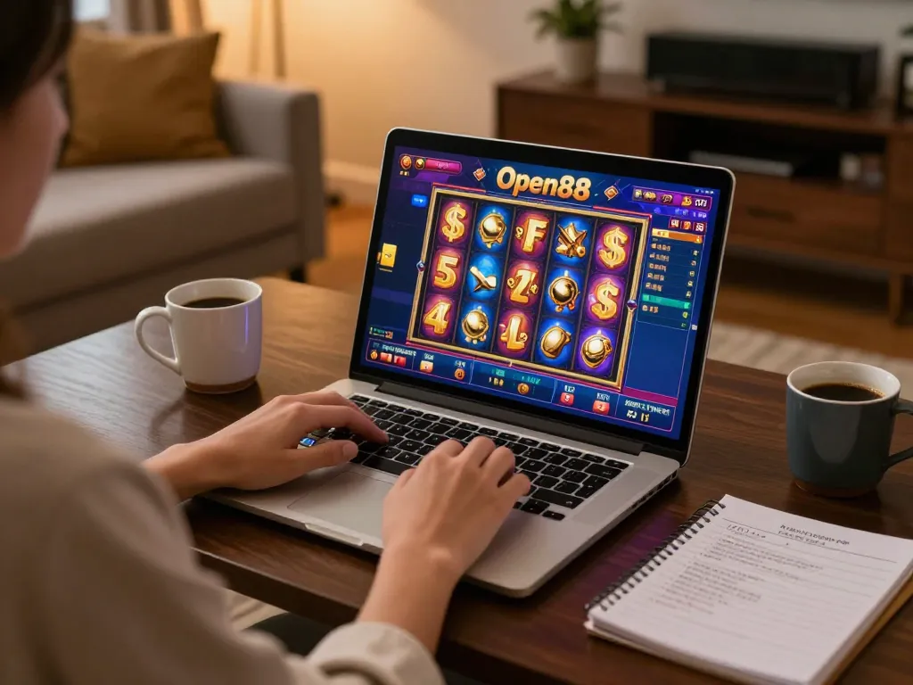 Engaging in online slot games on Open88 with vibrant visuals and cozy atmosphere