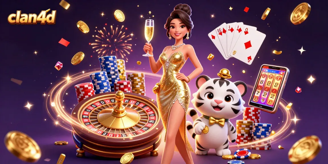 Experience thrilling gaming at clan4d with a glamorous woman and lucky tiger amidst sparkling casino elements.