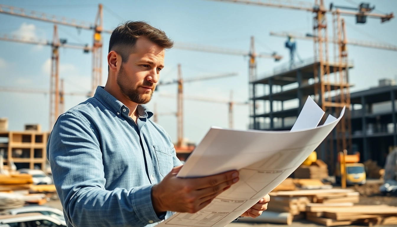 Manhattan Construction Manager analyzing plans at a job site with cranes and materials.