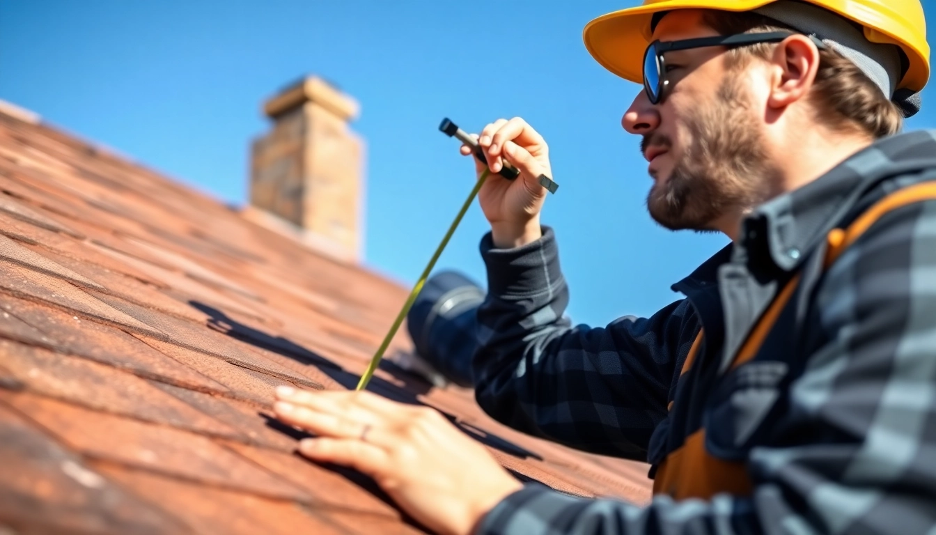 Roofing contractor inspecting roof details with tools amidst a clear sky.