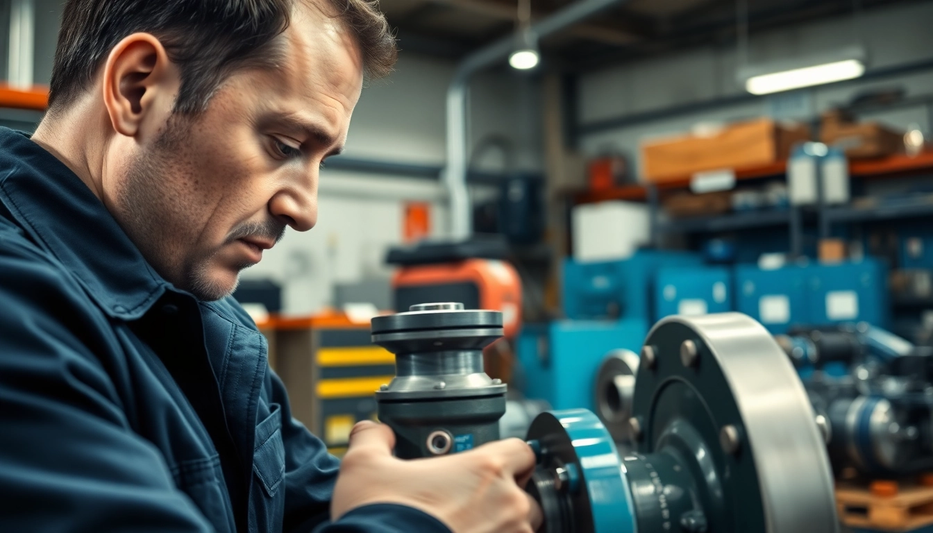 Technician providing hydraulic pump services in a well-lit industrial workshop.
