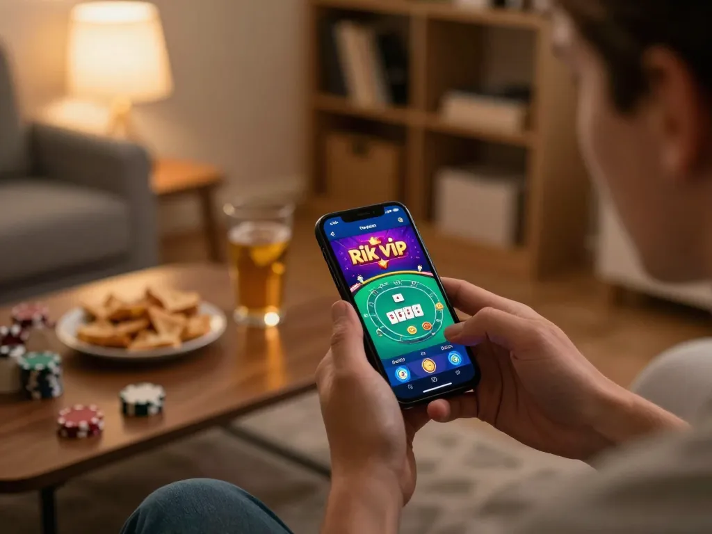 Engaging gameplay on the rik vip app displaying a poker interface in a cozy home setting
