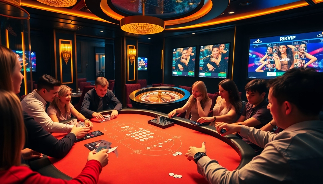 Feel the thrill of rikvip as players engage at a vibrant casino poker table, highlighting excitement.