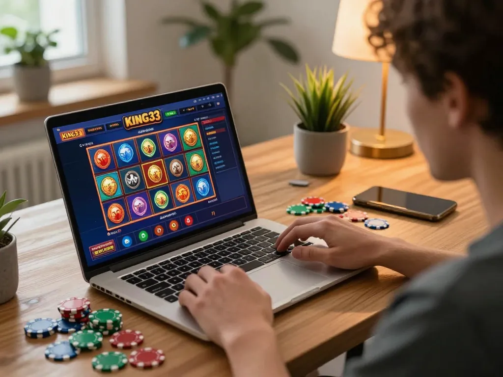 Engaging in online casino gaming at king33 on a laptop while analyzing betting strategies.