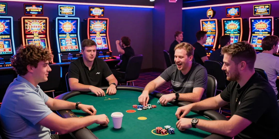 Thrilling gaming experience at 789 club with players engaged in poker and slot machines in a neon-lit casino setting.