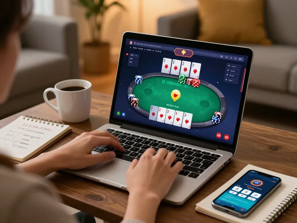 Engaging scene of online poker gameplay with Nhà cái MAX88 showing cards on the screen and strategy notes