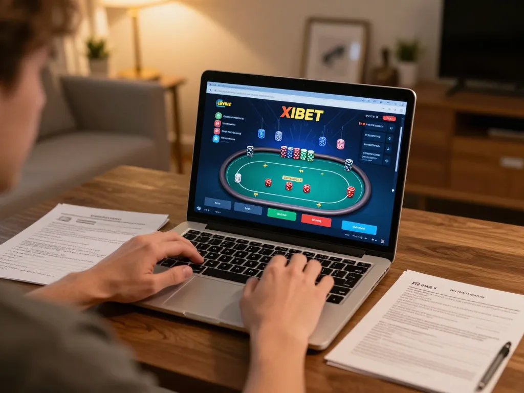 Engaging gameplay on Nhà cái XIBET's poker interface shows dynamic betting action in a cozy home setting.