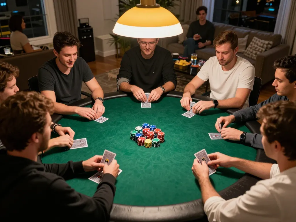 Players engaging in a friendly poker game at home, showcasing sites not on gamstop for strategic online play