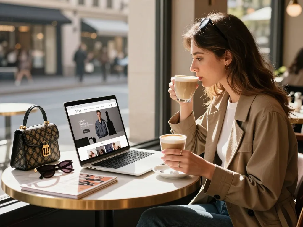 Engaging browsing experience at a luxury 레플리카 사이트 in a trendy café setting.