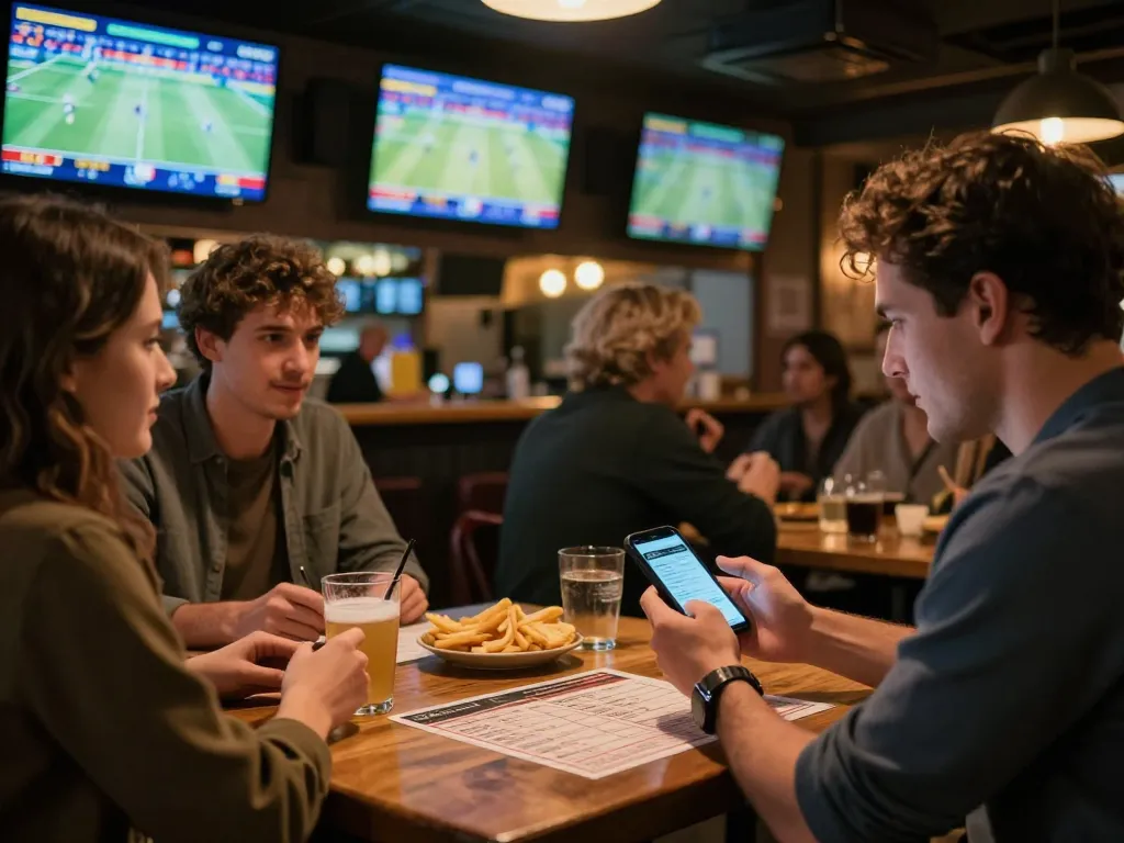 Nyalabet sports betting excitement with friends checking odds and live matches at a vibrant sports bar.