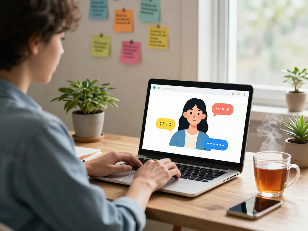 Person engaging with girlfriend ai application in a cozy home office setting, showcasing technology and personal interaction.