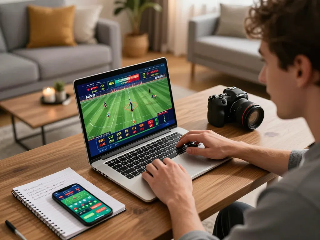 Cakhiatv user placing a bet on laptop while enjoying sports in a cozy environment