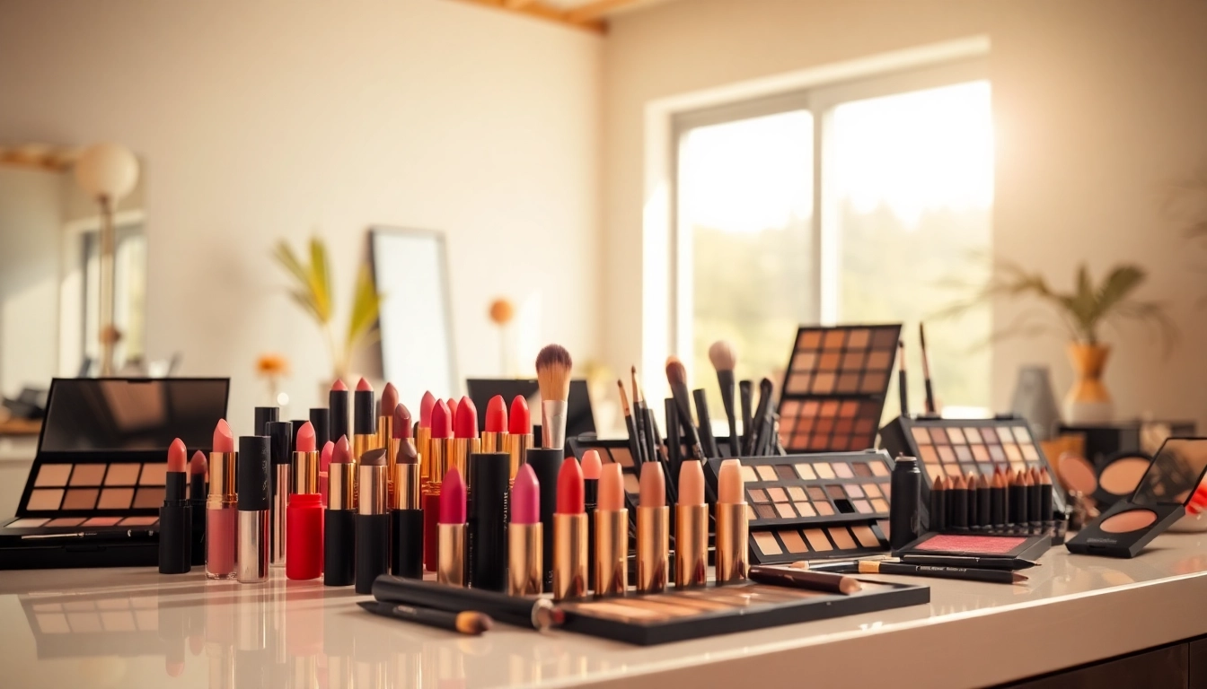 Explore a variety of wholesale makeup products elegantly arranged in a vibrant makeup studio.