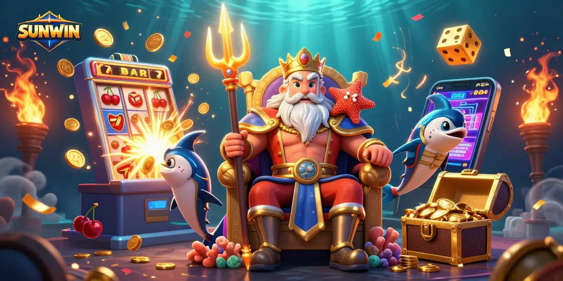 SUNWIN features Neptune and samurai in a vibrant casino-themed 3D scene with jackpots and dynamic gaming elements.
