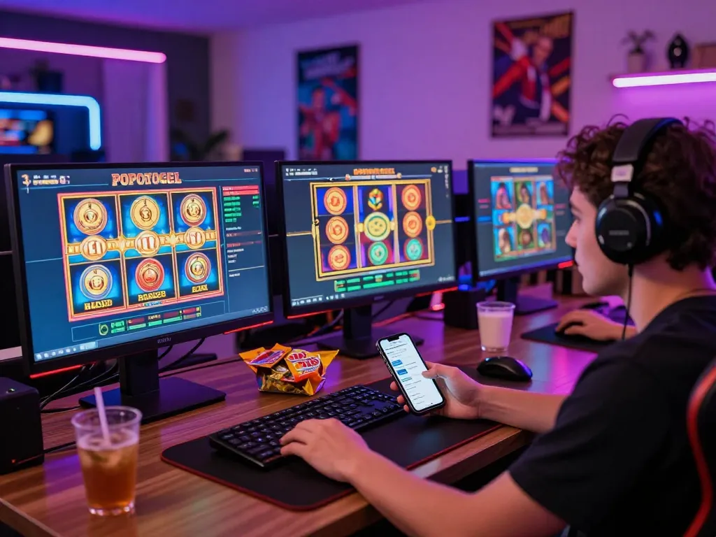 Engaging gaming moment on POPOTOGEL platform with dynamic visuals, energetic atmosphere, and modern setup.