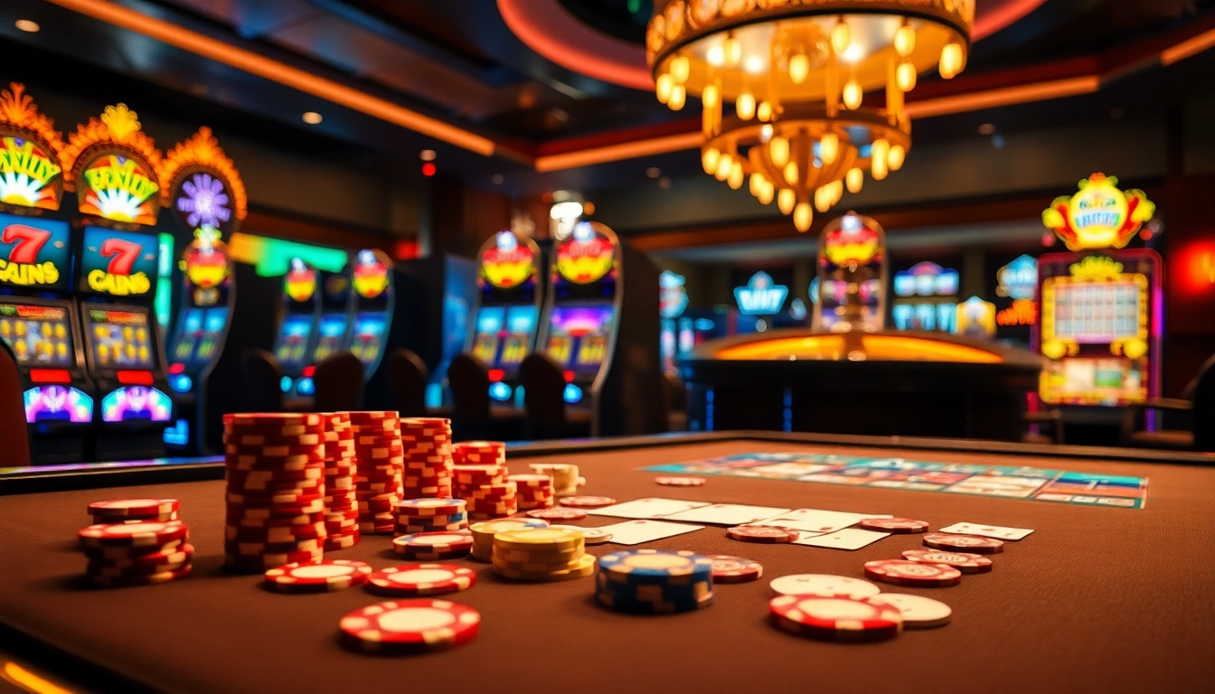 Trải nghiệm lối chơi hồi hộp tại cg79 với các đồng chip poker sống động và máy đánh bạc được chiếu sáng.