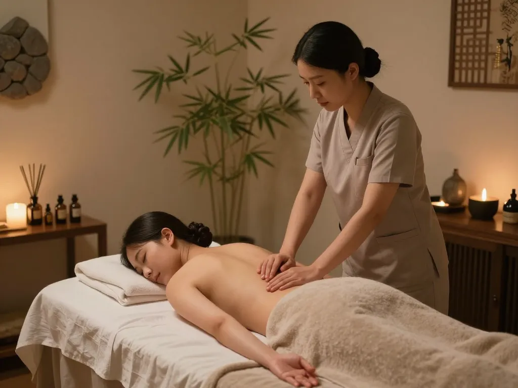 Relaxing 치평동마사지 session in a tranquil spa setting with ambient lighting and natural decor.