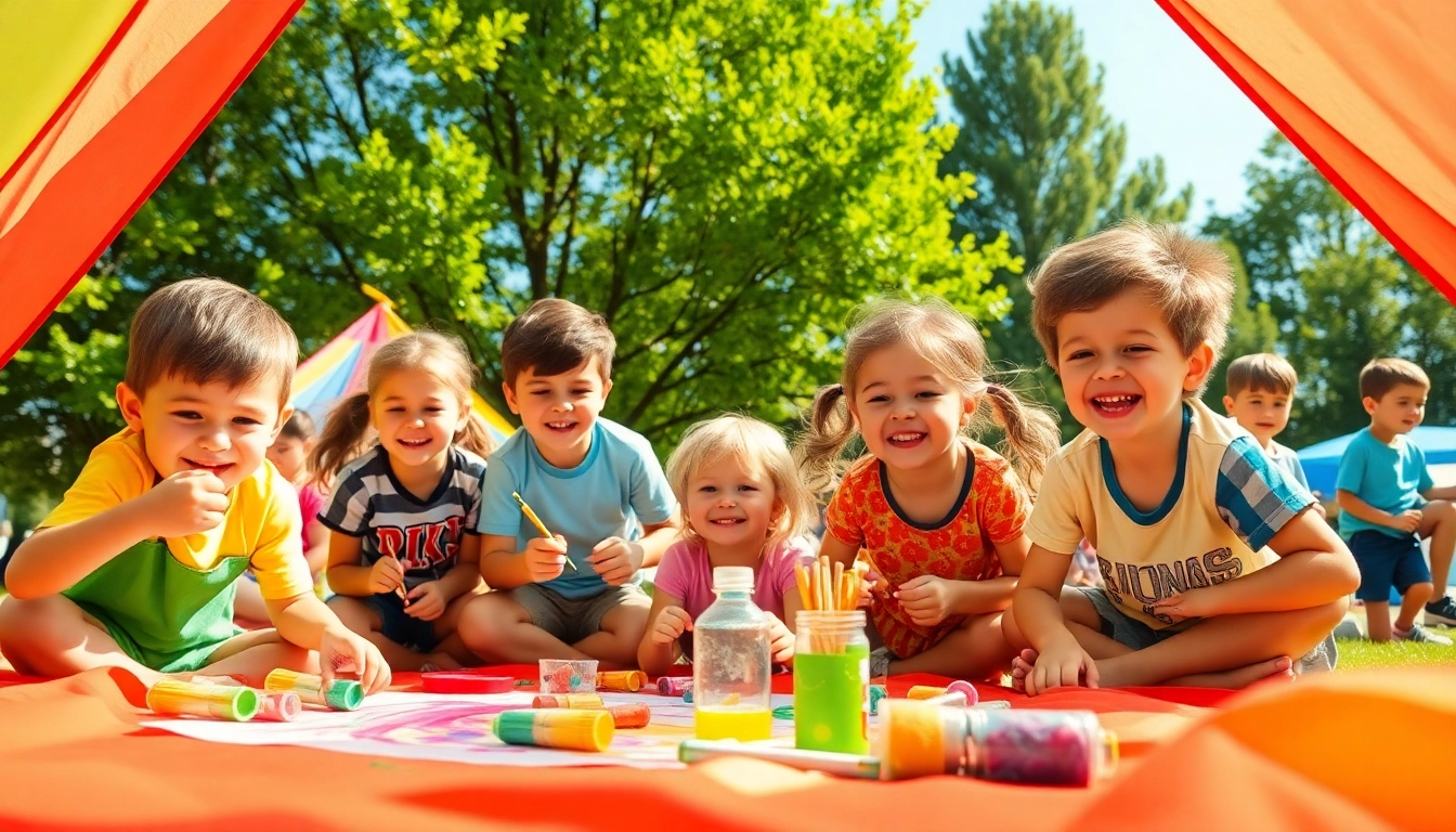Children enjoying engaging activities at Holiday camps under a bright blue sky.